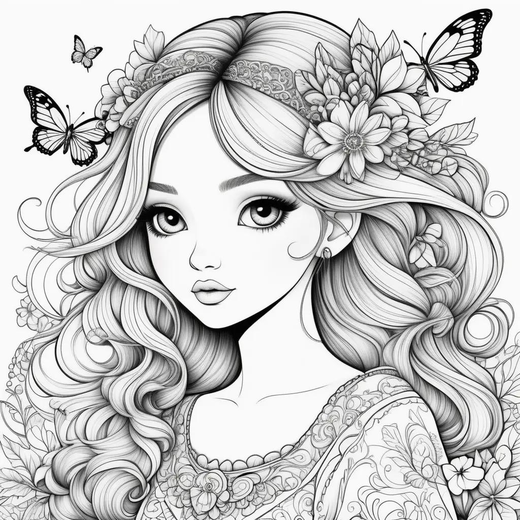 coloring page of a girly girl with flowers and butterflies