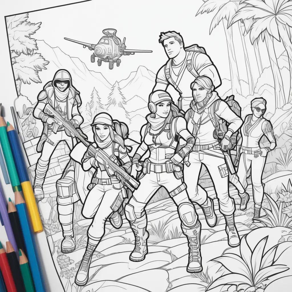 coloring page of a group of Fortnite characters