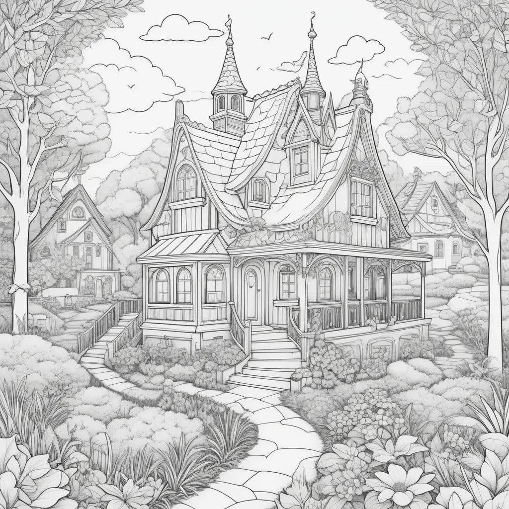 coloring page of a house and a garden