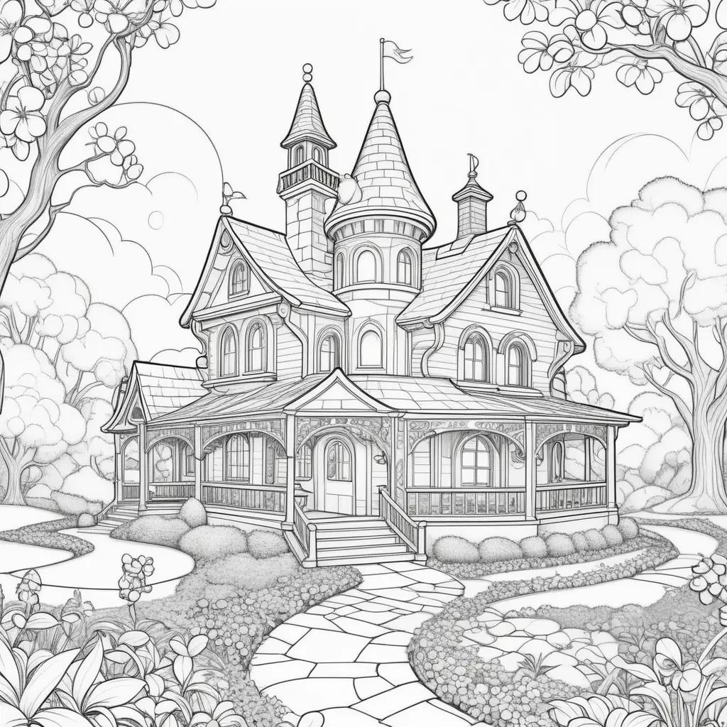 coloring page of a house with a castle roof, flowers, and trees