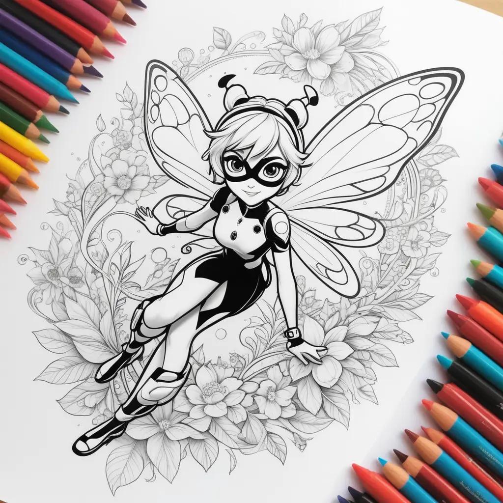 coloring page of a ladybug with a butterfly on it