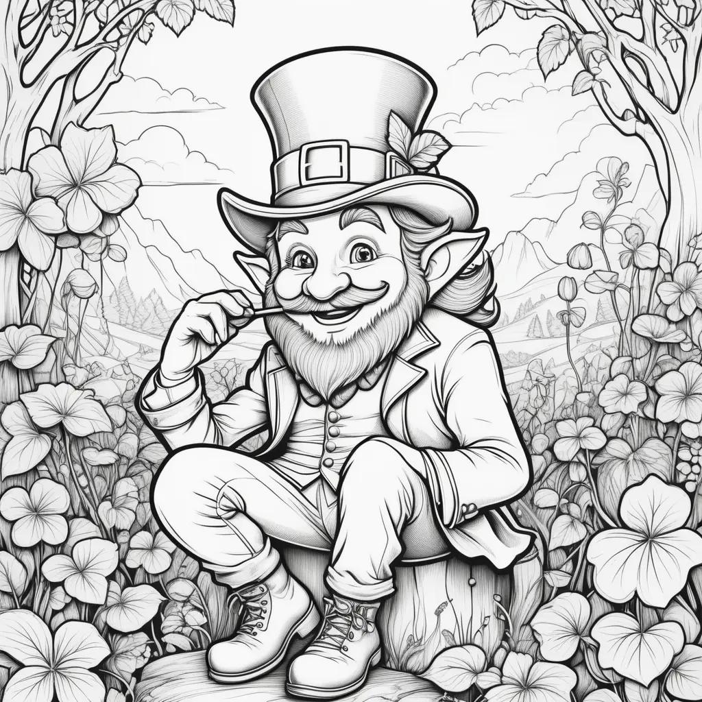 coloring page of a leprechaun sitting on a tree stump