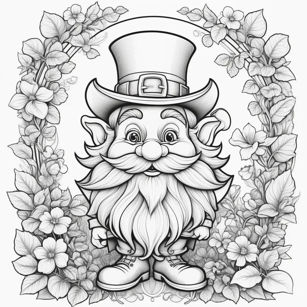 coloring page of a leprechaun with a flower wreath