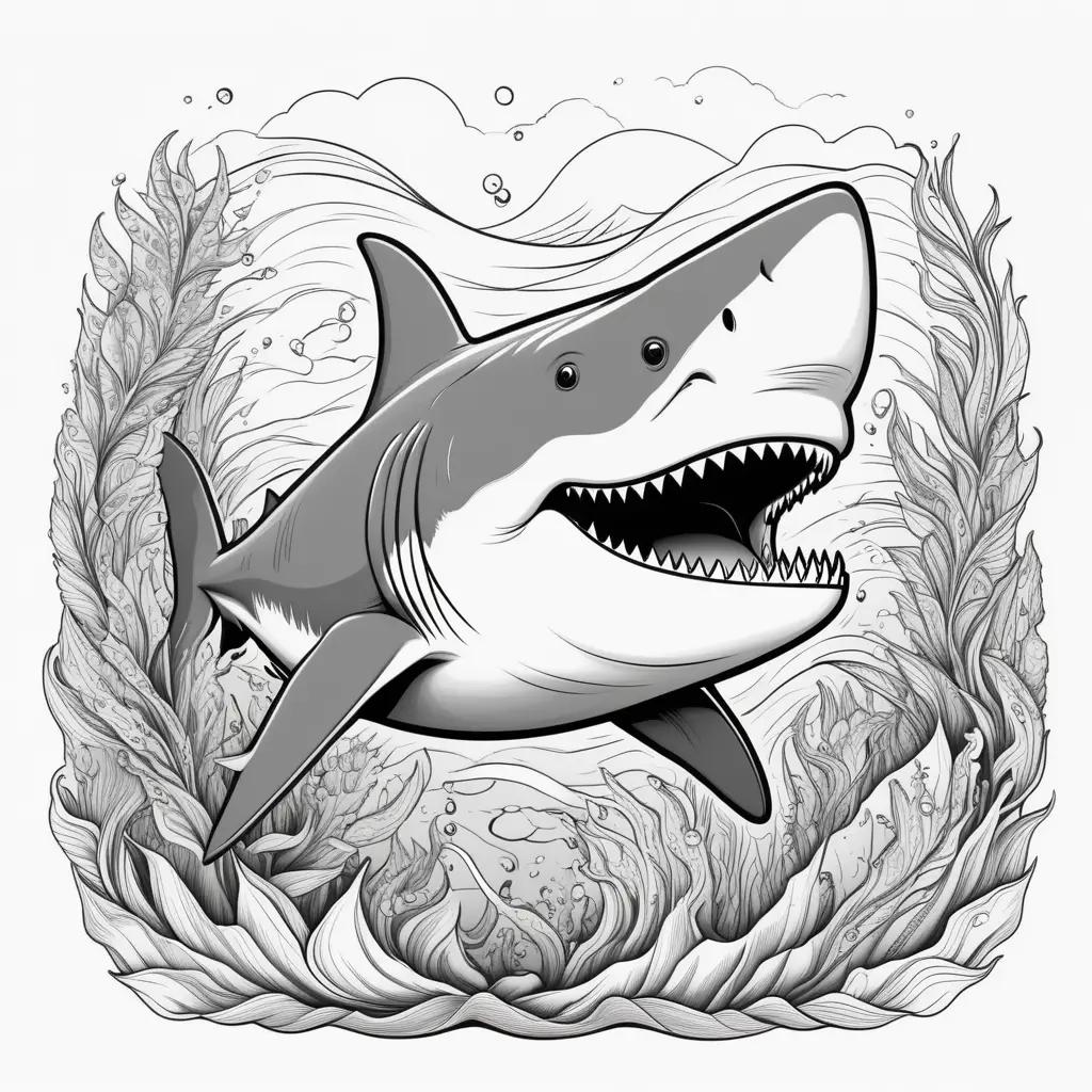 coloring page of a megalodon shark in a coral reef setting