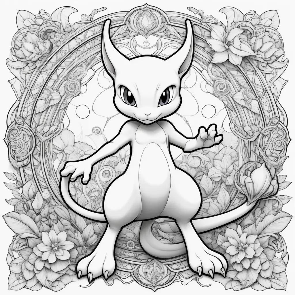 coloring page of a mewtwo with flowers and leaves