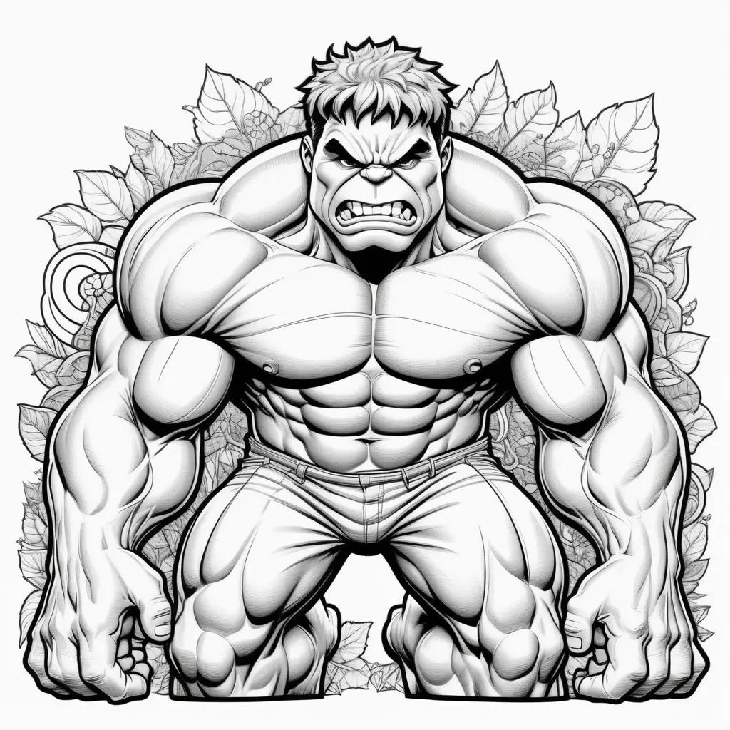 coloring page of a muscular Hulk with angry face