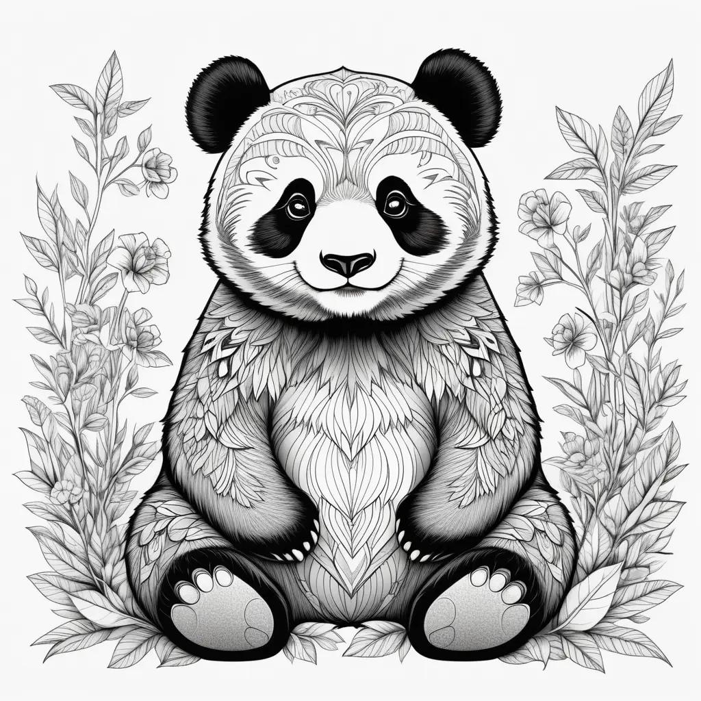 coloring page of a panda bear sits in a floral setting