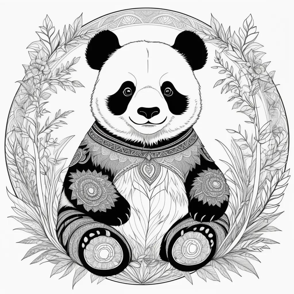 coloring page of a panda bear with a floral background