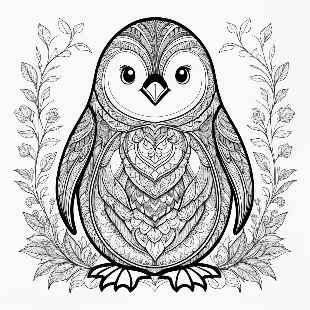 coloring page of a penguin with a floral border