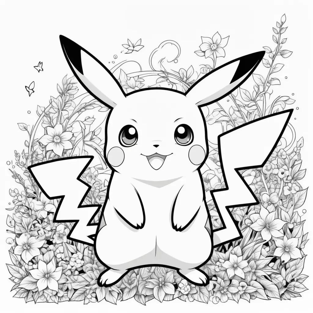 coloring page of a pikachu with flowers and butterflies