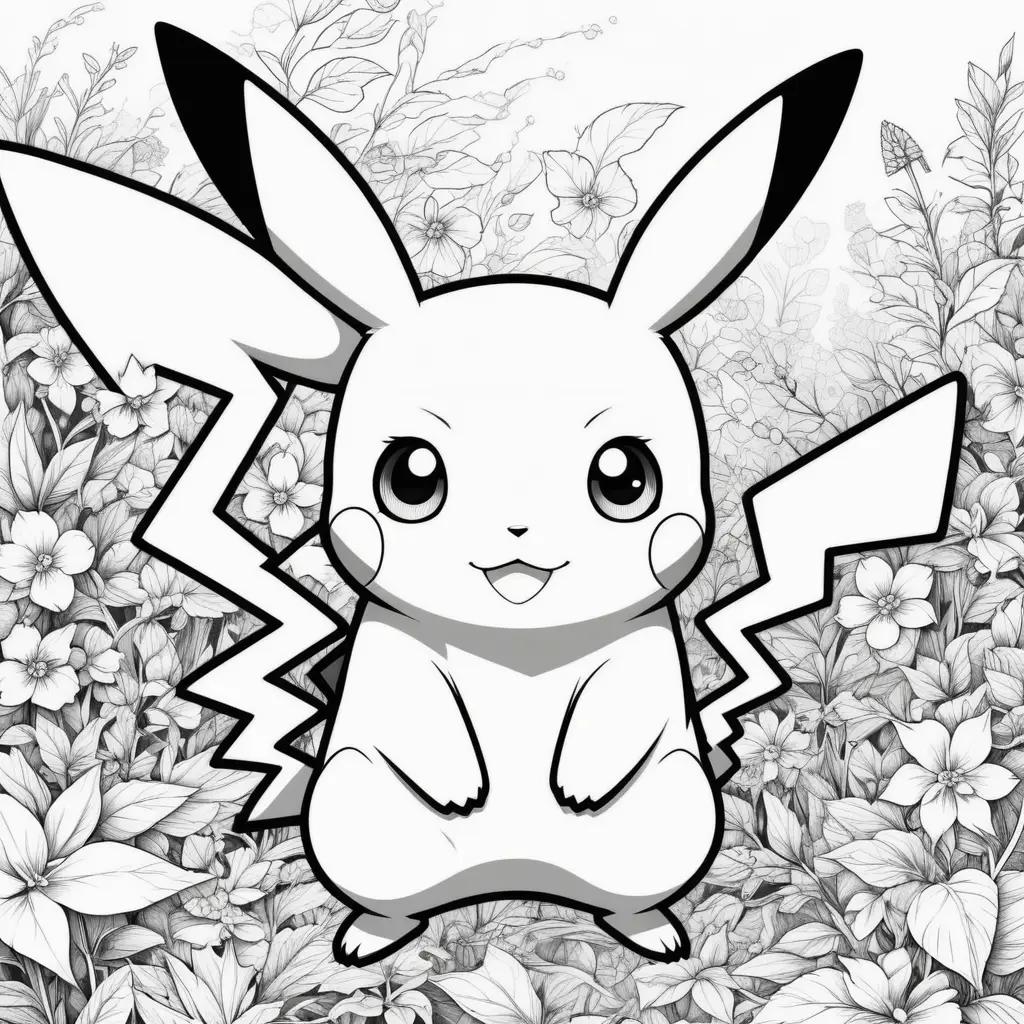 coloring page of a pikachu with flowers