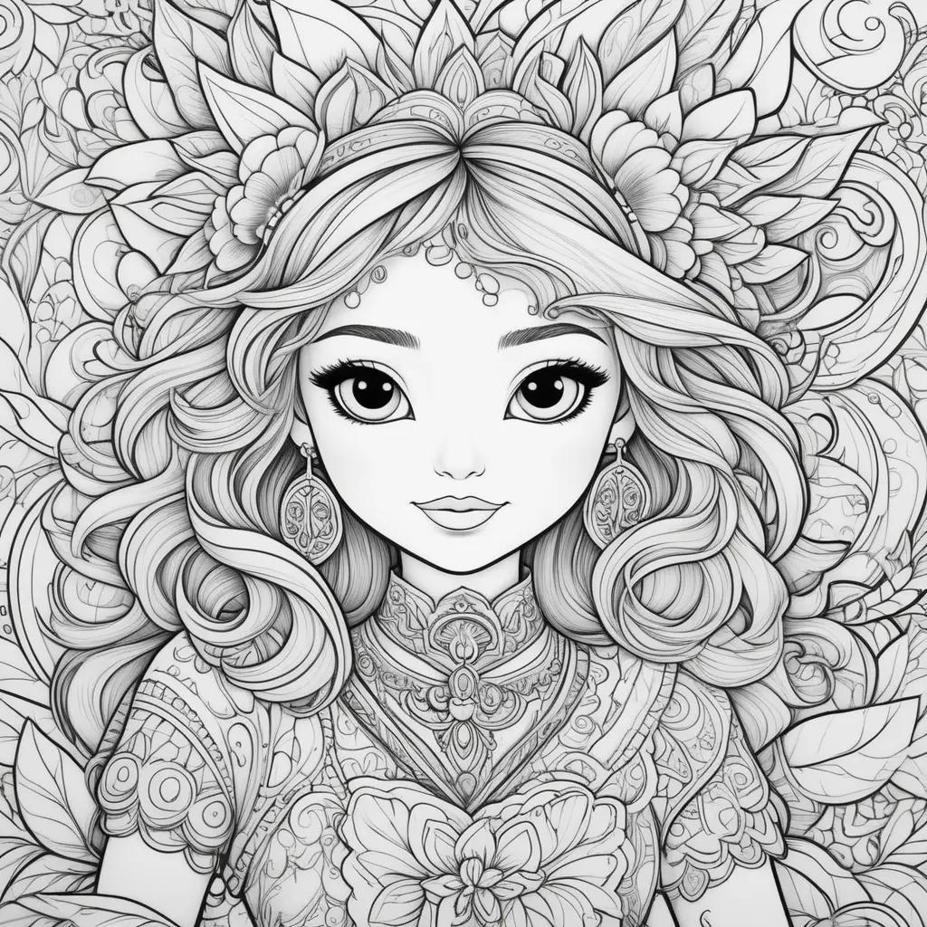 coloring page of a pretty girl with a flower crown