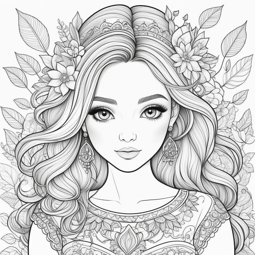 coloring page of a pretty girl with flowers and earrings