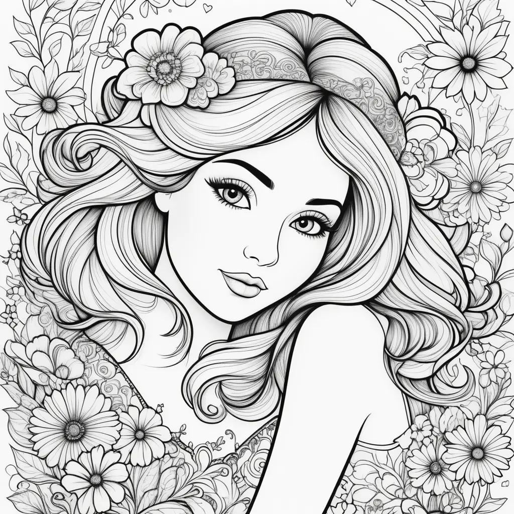 coloring page of a pretty girl with flowers for Mothers Day