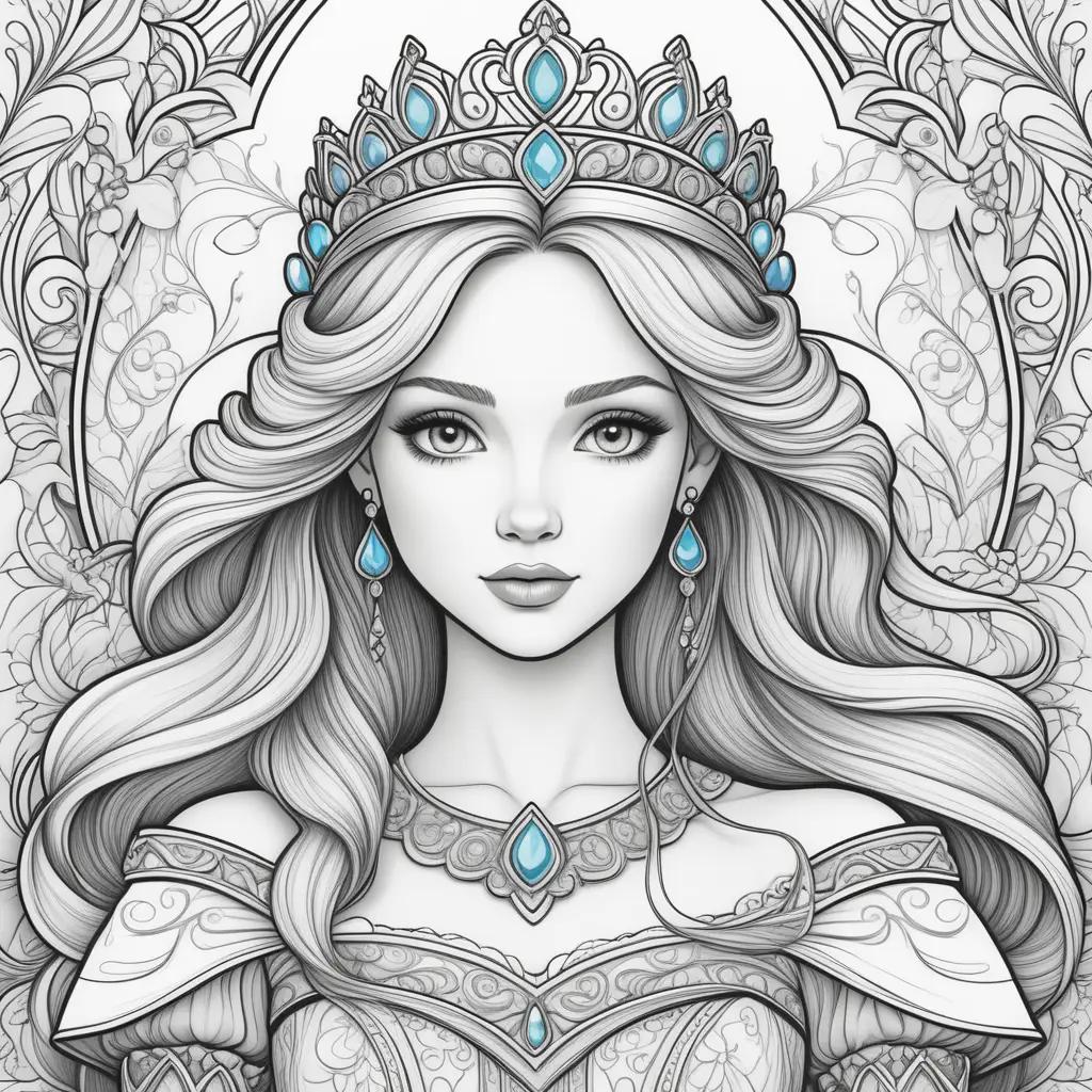 coloring page of a princess wearing a crown and earrings