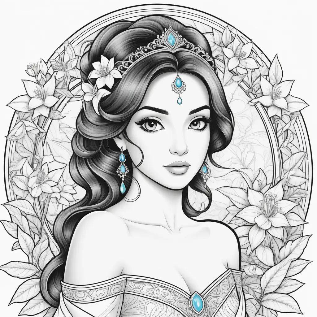 coloring page of a princess wearing a tiara and a crown