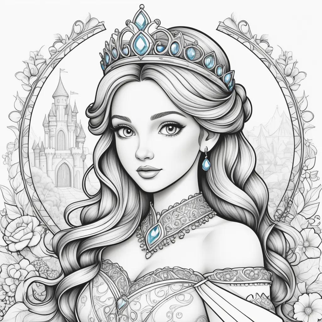 coloring page of a princess with a crown and a castle