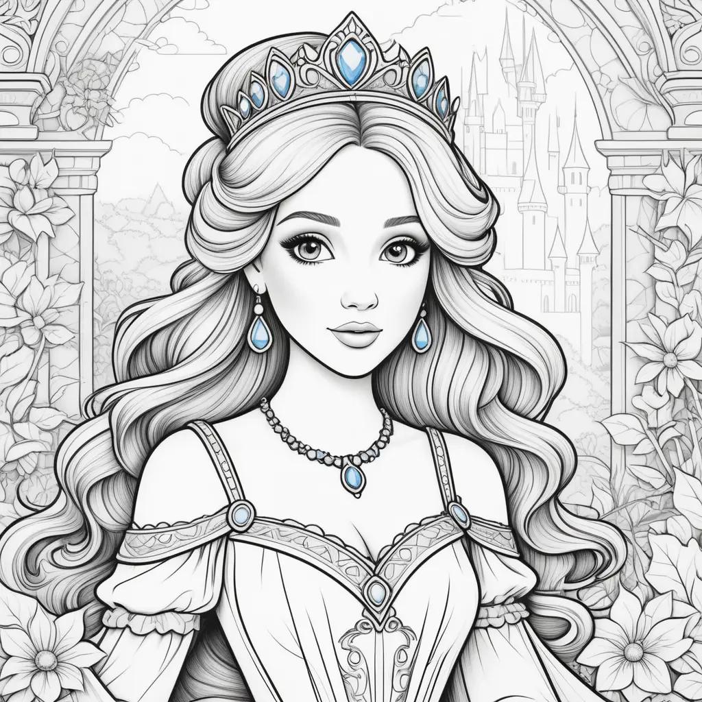 coloring page of a princess with a crown and necklace