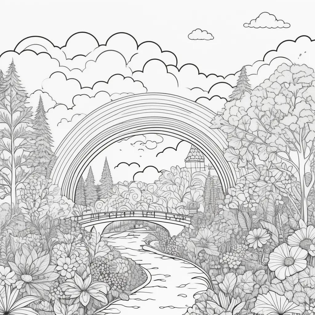 coloring page of a rainbow in a forest