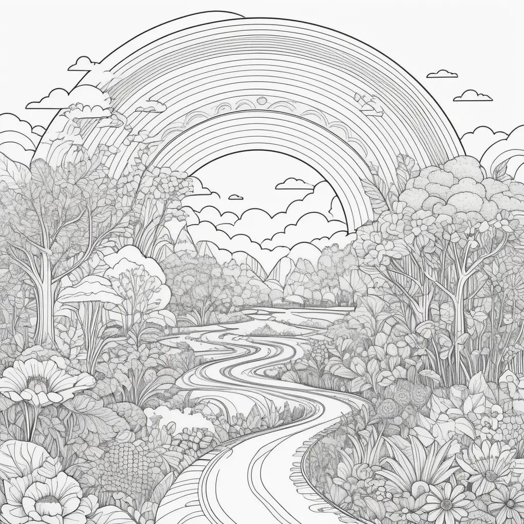 coloring page of a rainbow in a forest