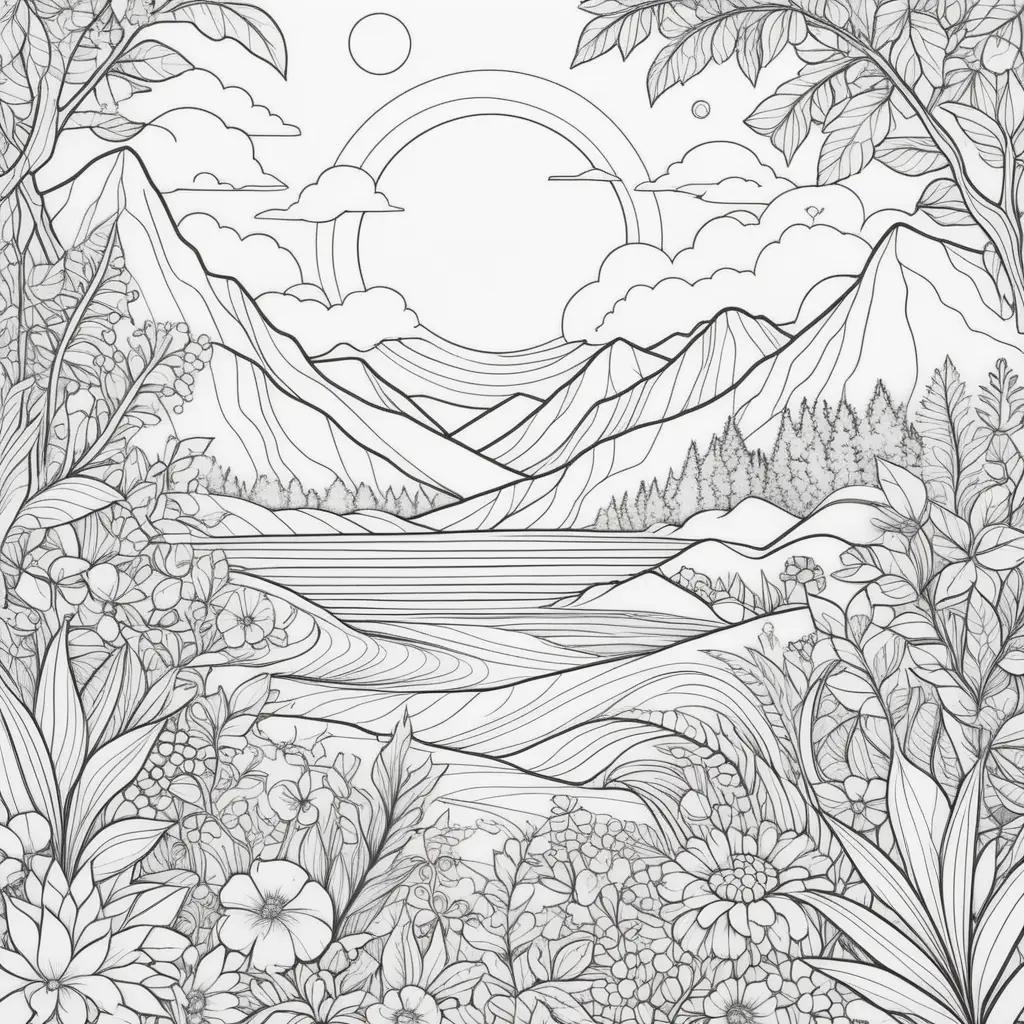 coloring page of a serene summer landscape