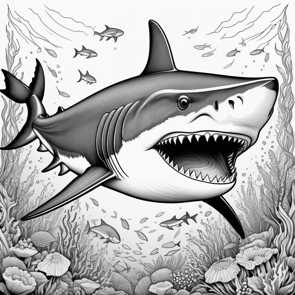 coloring page of a shark and coral with a mouth open