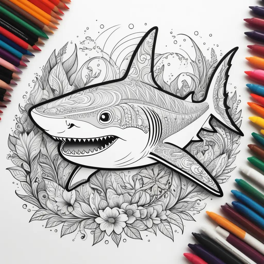 coloring page of a shark surrounded by flowers