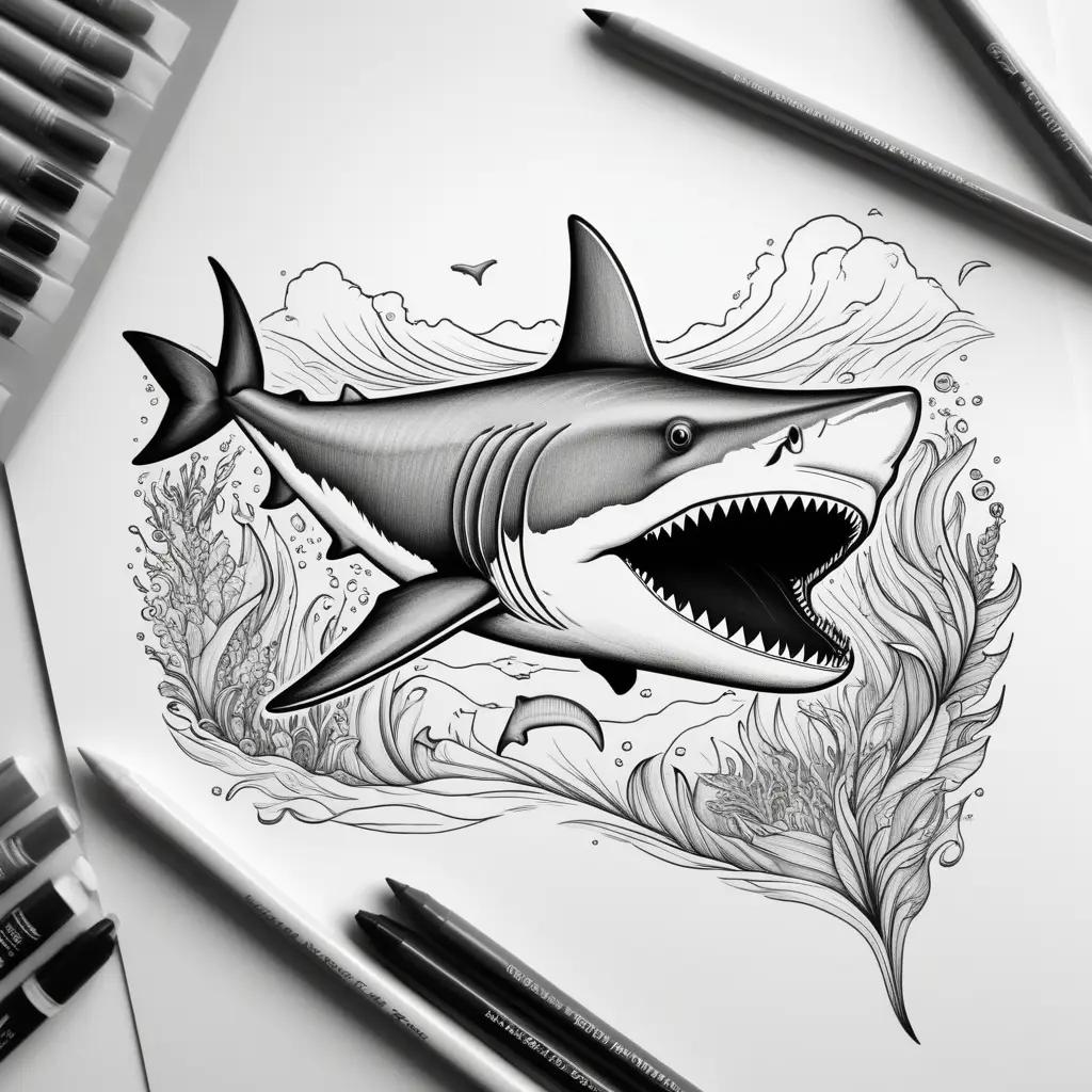 coloring page of a shark with a backdrop of sea creatures