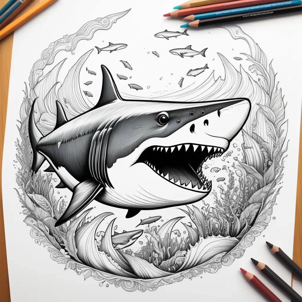 coloring page of a shark with a circle around it