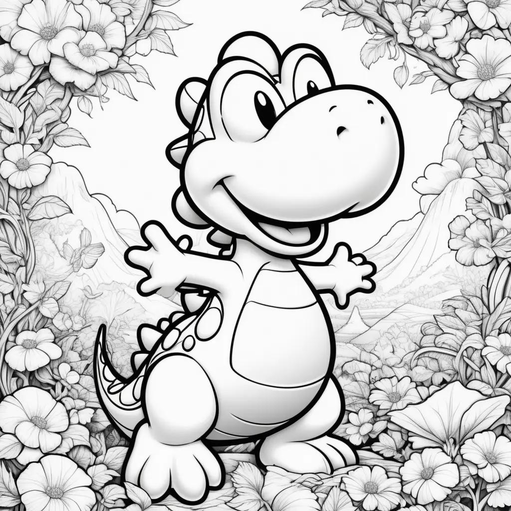 coloring page of a smiling Yoshi in a flower-filled scene