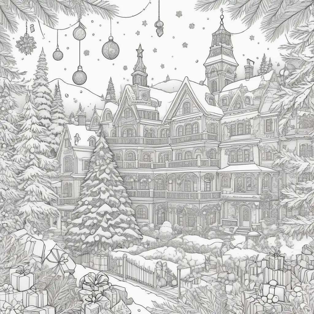 coloring page of a snowy Christmas castle