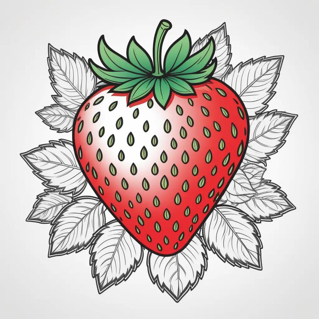 coloring page of a strawberry with leaves around it