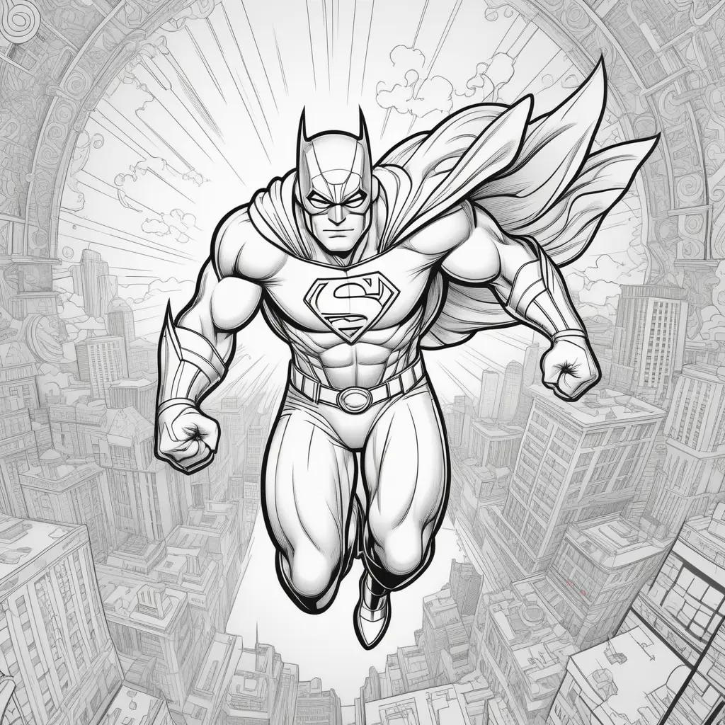 coloring page of a superhero flying through the sky