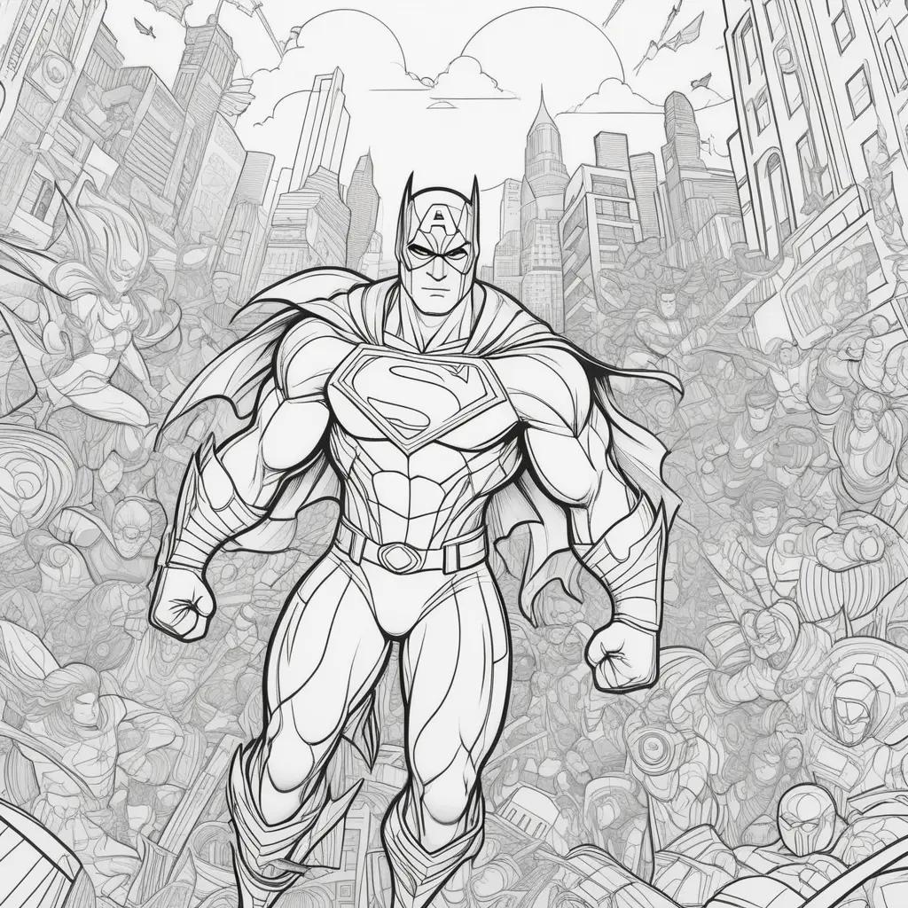 coloring page of a superhero in a city