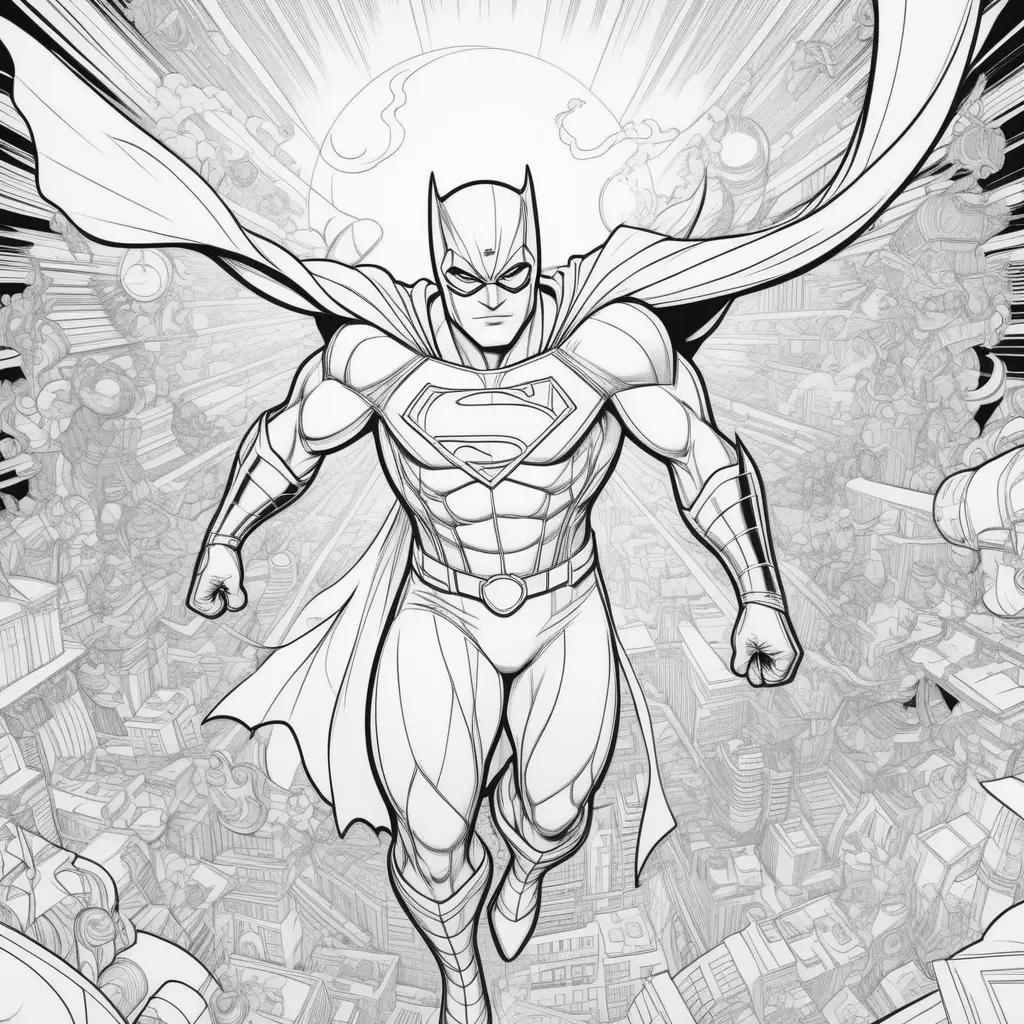 coloring page of a superhero in a city scene