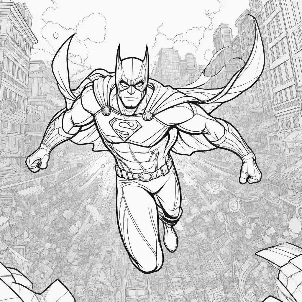 coloring page of a superhero in a city