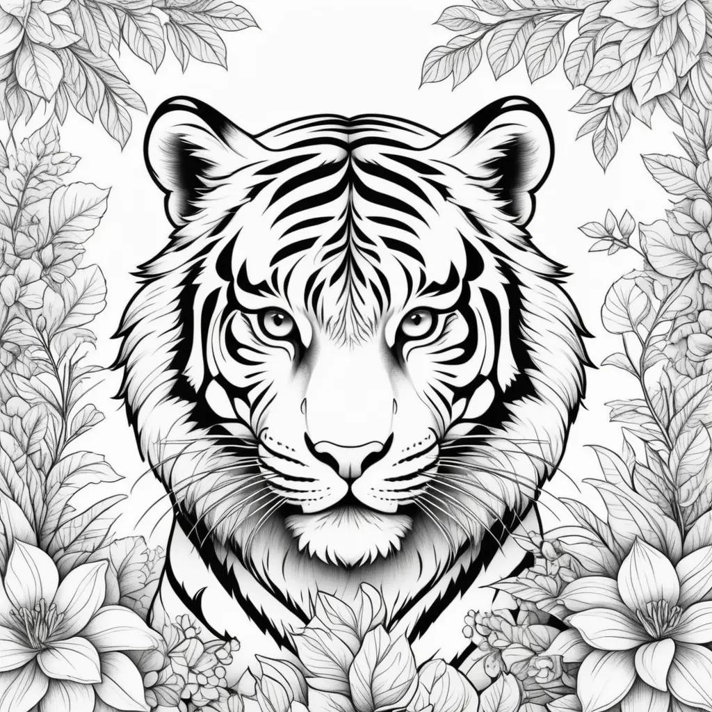 coloring page of a tiger surrounded by flowers