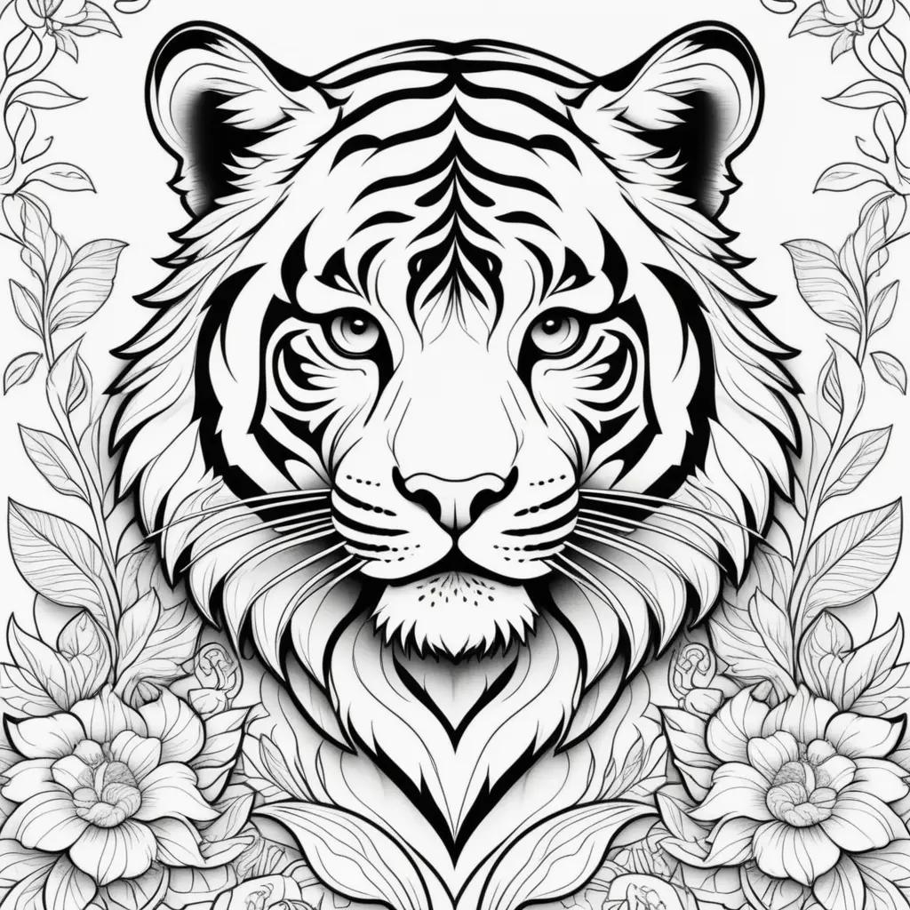 coloring page of a tiger with a flower design