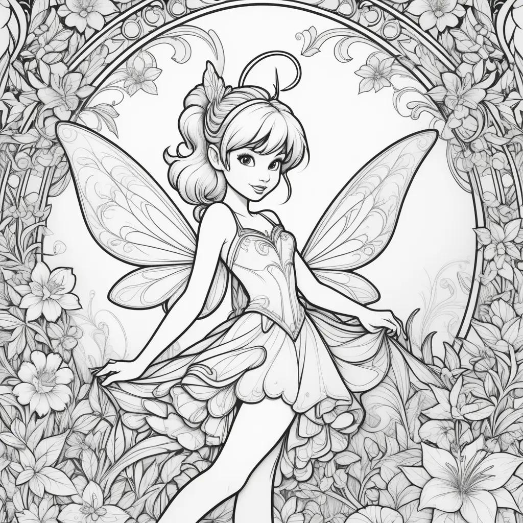 coloring page of a tinkerbell fairy in a flower garden