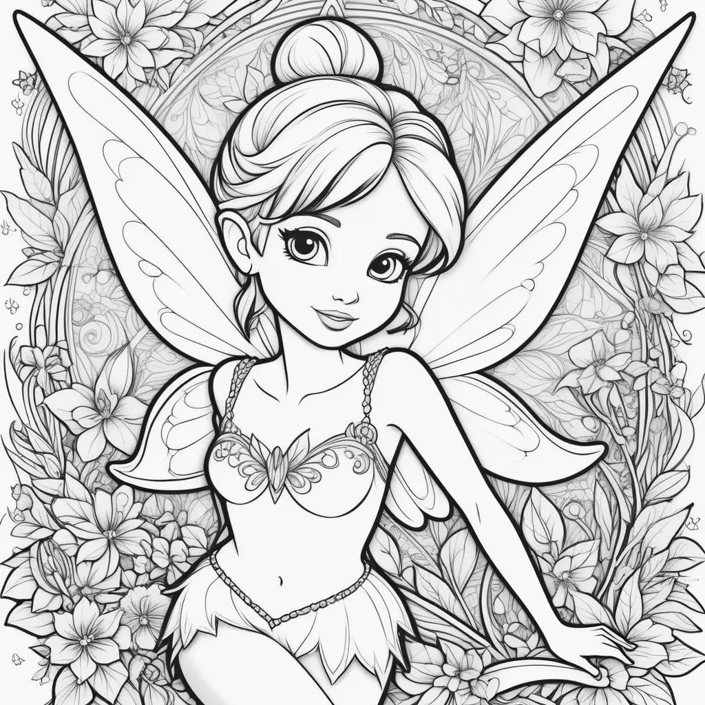 coloring page of a tinkerbell fairy with flowers