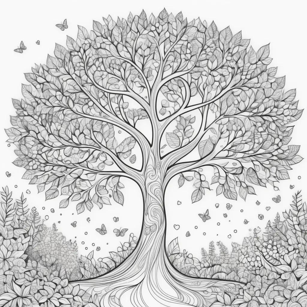 coloring page of a tree with leaves and butterflies