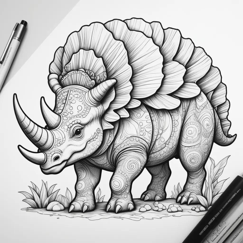 coloring page of a triceratops dinosaur with intricate patterns