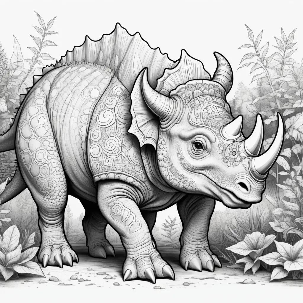 coloring page of a triceratops in a garden