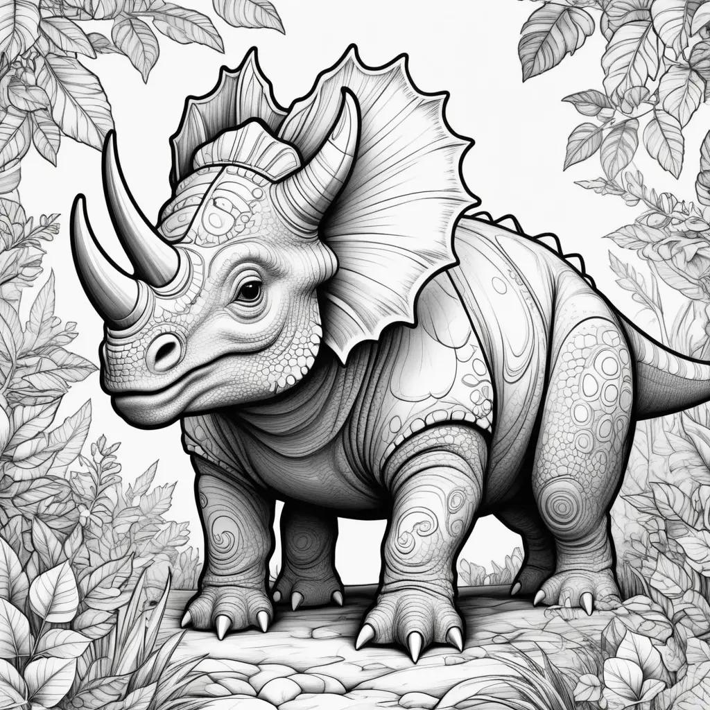 coloring page of a triceratops with a jungle scene in the background