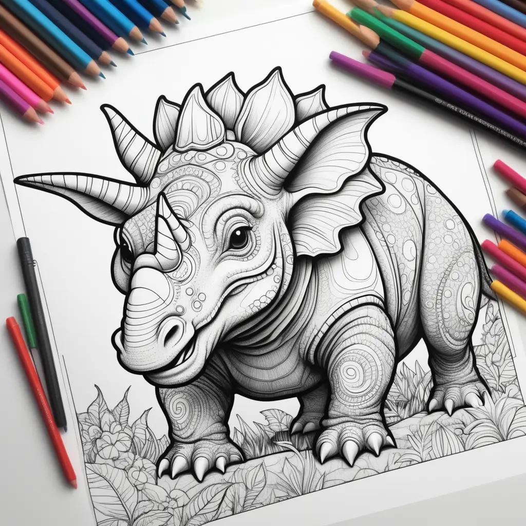 coloring page of a triceratops with a variety of colors and pencils