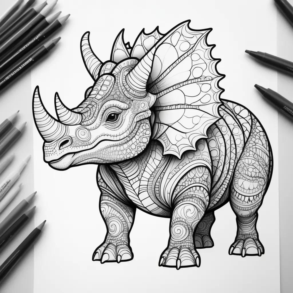 coloring page of a triceratops with black and white coloring pencils