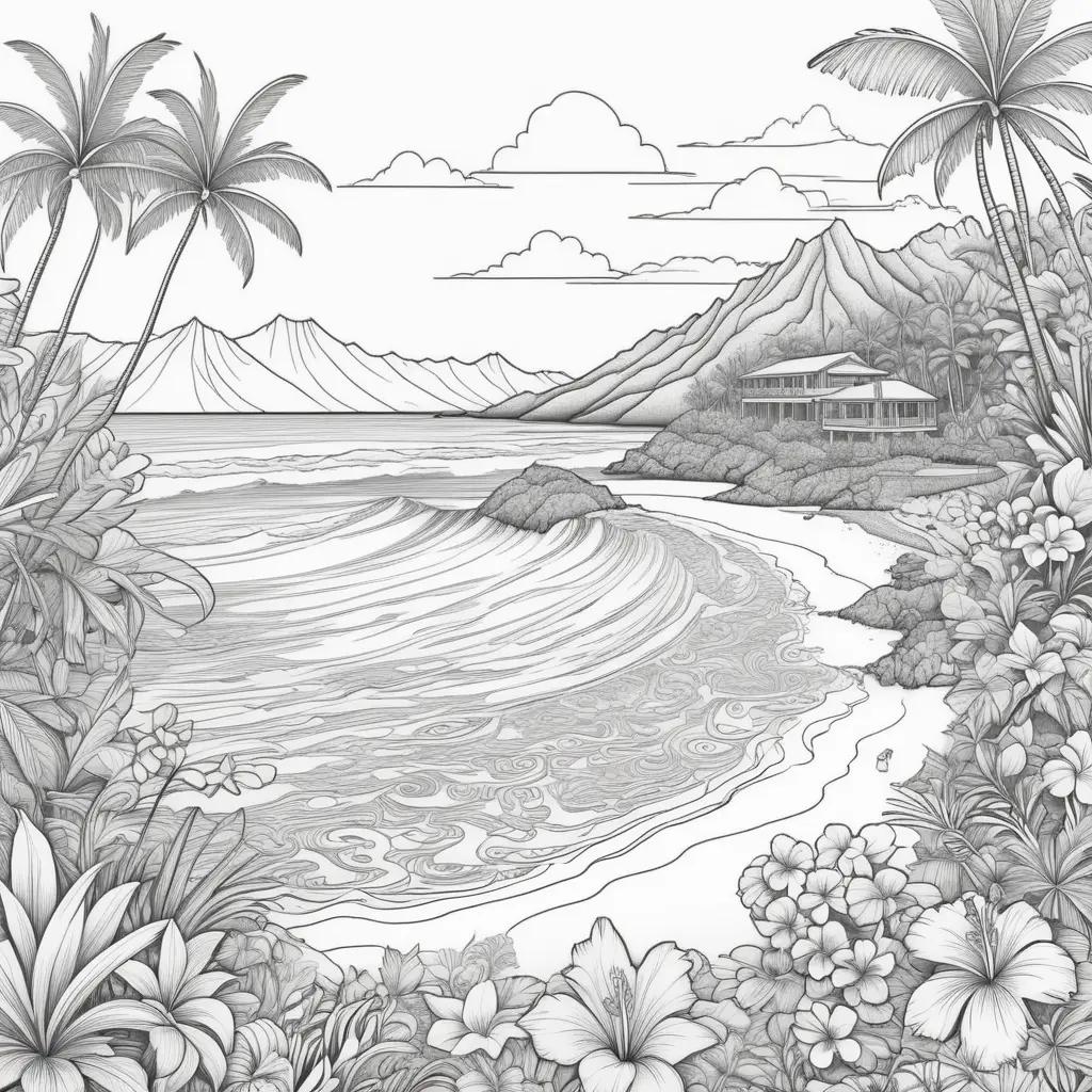 coloring page of a tropical beach scene with flowers and palm trees