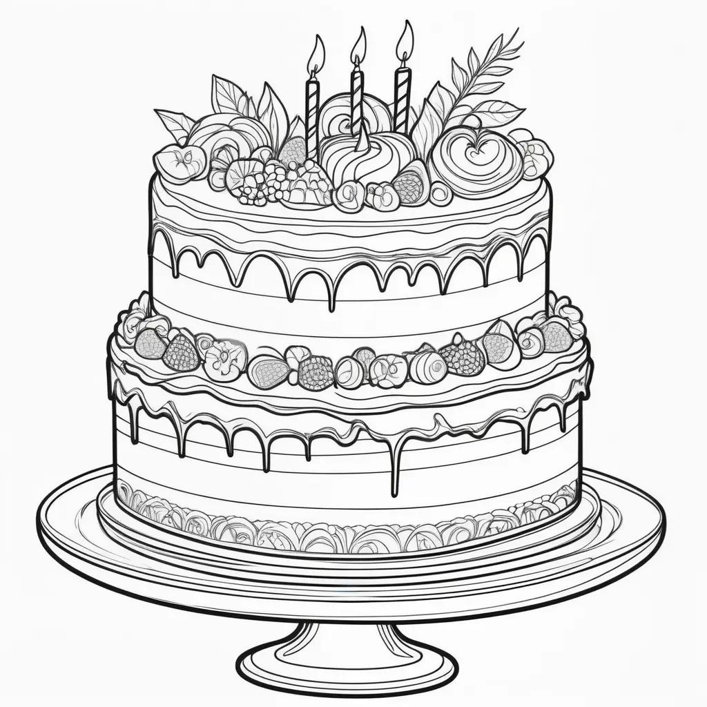 coloring page of a two-tiered cake with berries and candles