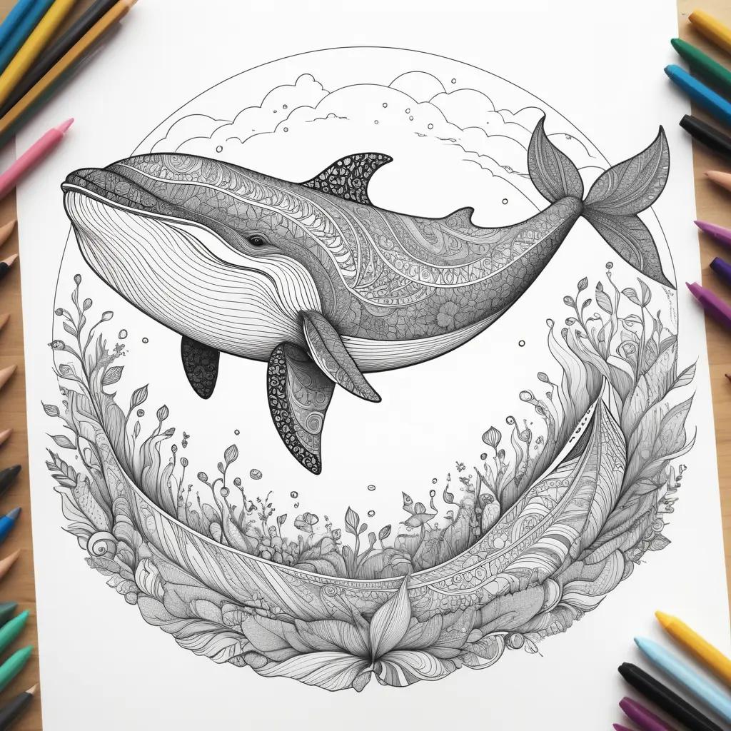 coloring page of a whale features intricate patterns