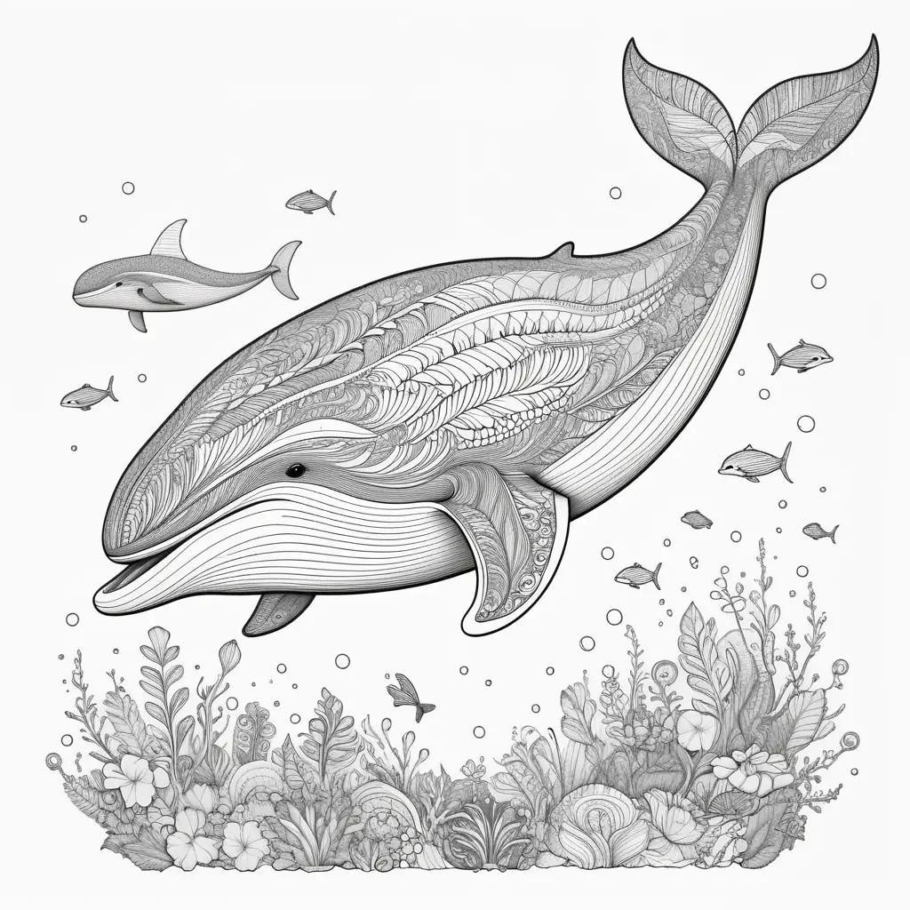 coloring page of a whale in a sea of fish and plants